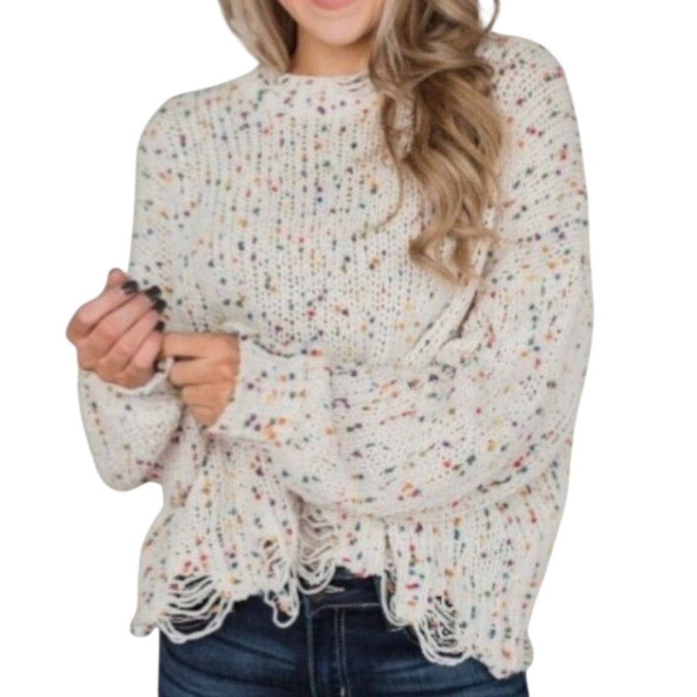 POL Distressed Confetti‎ Sweater Oversized Cream Multicolor L Grunge Shabby Chic